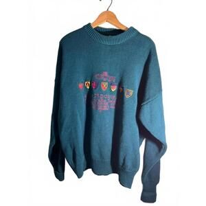 Vintage Structure Teal Knit Sweater with Crest Embroidery Academia XL